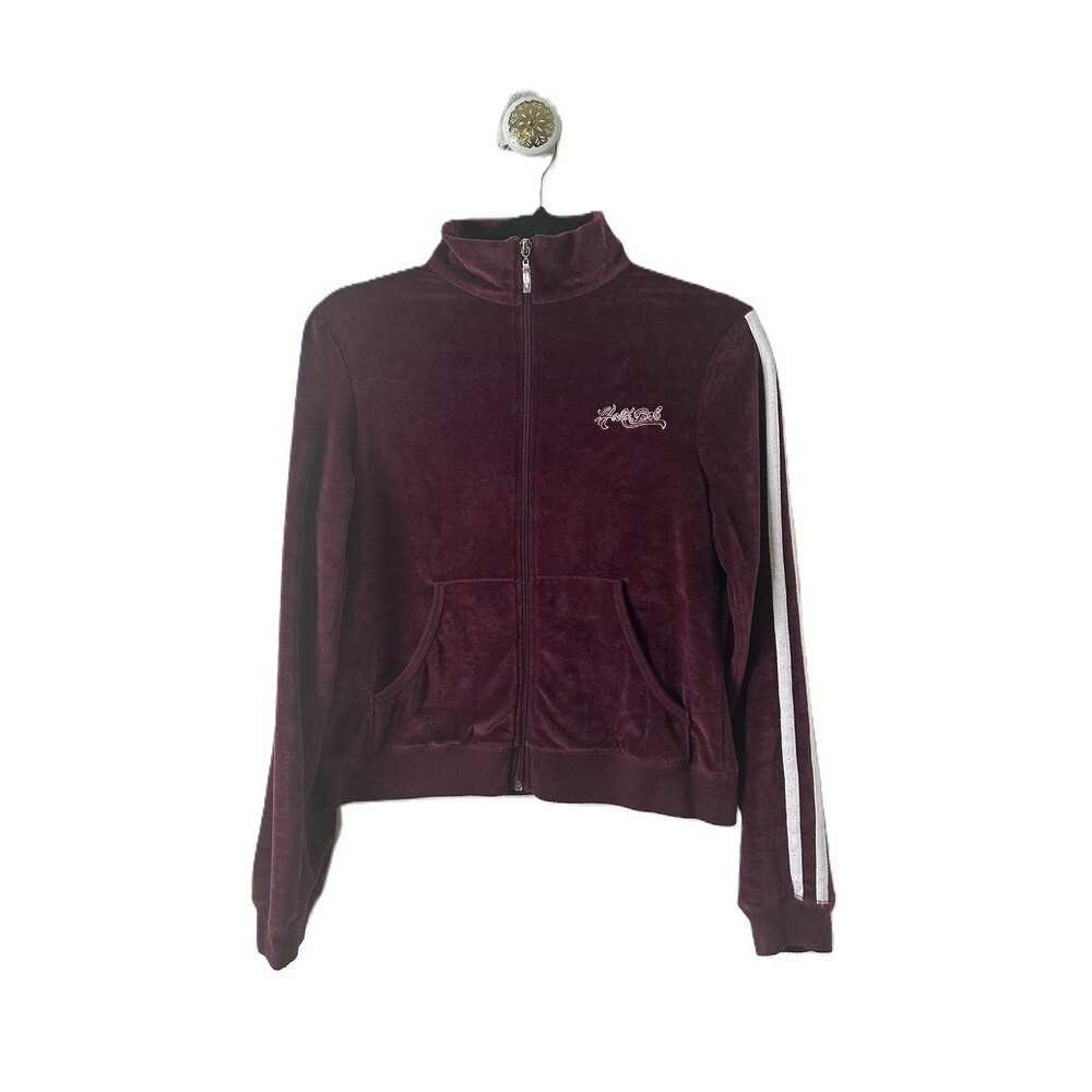 Hale Bob Jacket Medium Maroon Velvet Full Zip Striped Sleeves Embroidered Logo